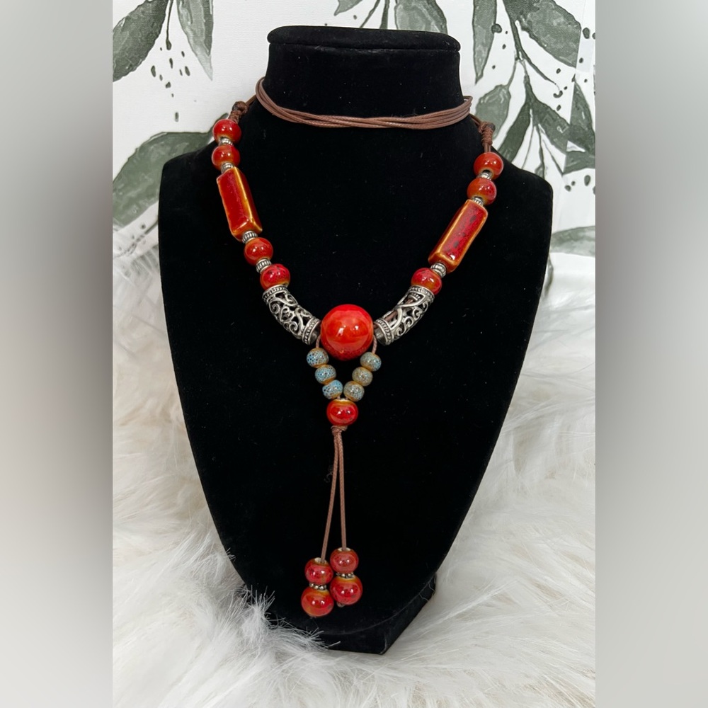 Vintage Boho Statement Necklace Red Ceramic Beads Silver Tone Filigree